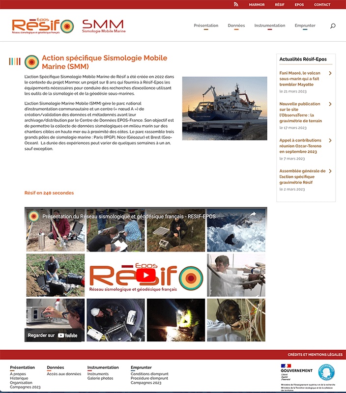 Page d'accueil du site web Action spécifique Sismologie mobile marine